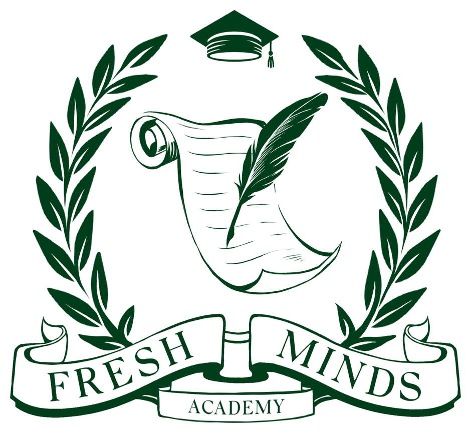The Fresh Minds Academy crest, a laurel wreath around a scroll and quill beneath a graduate's cap